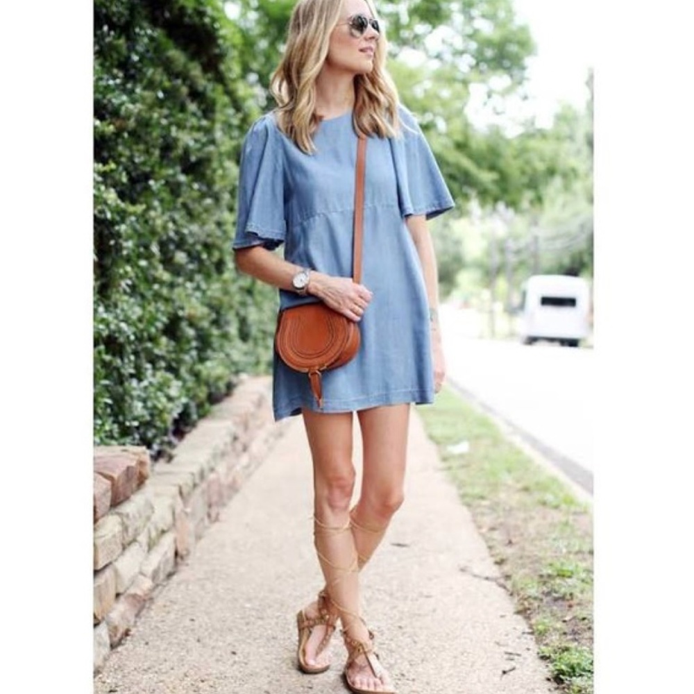 Zara Chambray Flutter Sleeve Shift Dress XS
